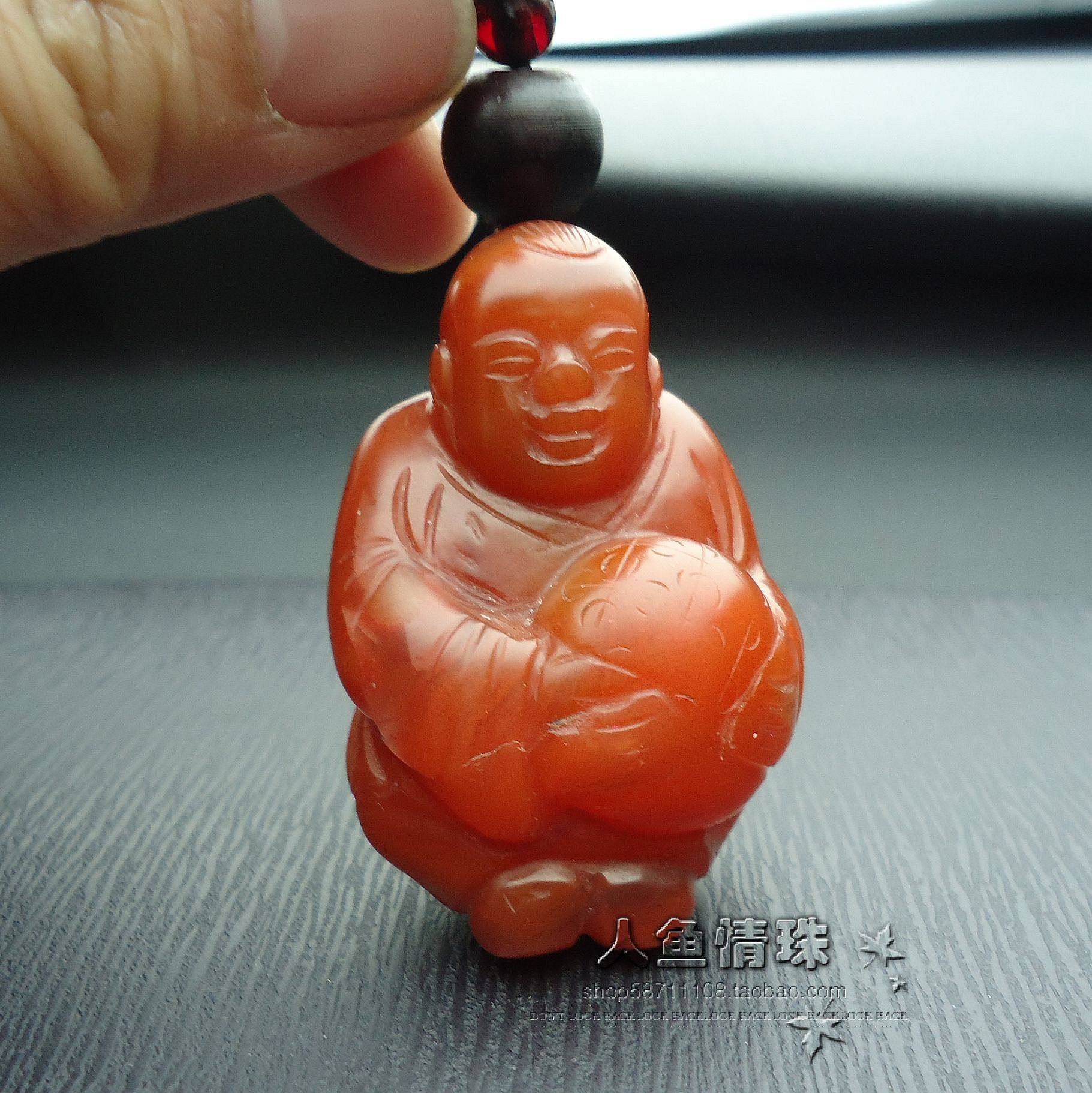 【系石苑推荐保证天然南红玛瑙 绝美朱砂纹送福童子大号把件吊坠