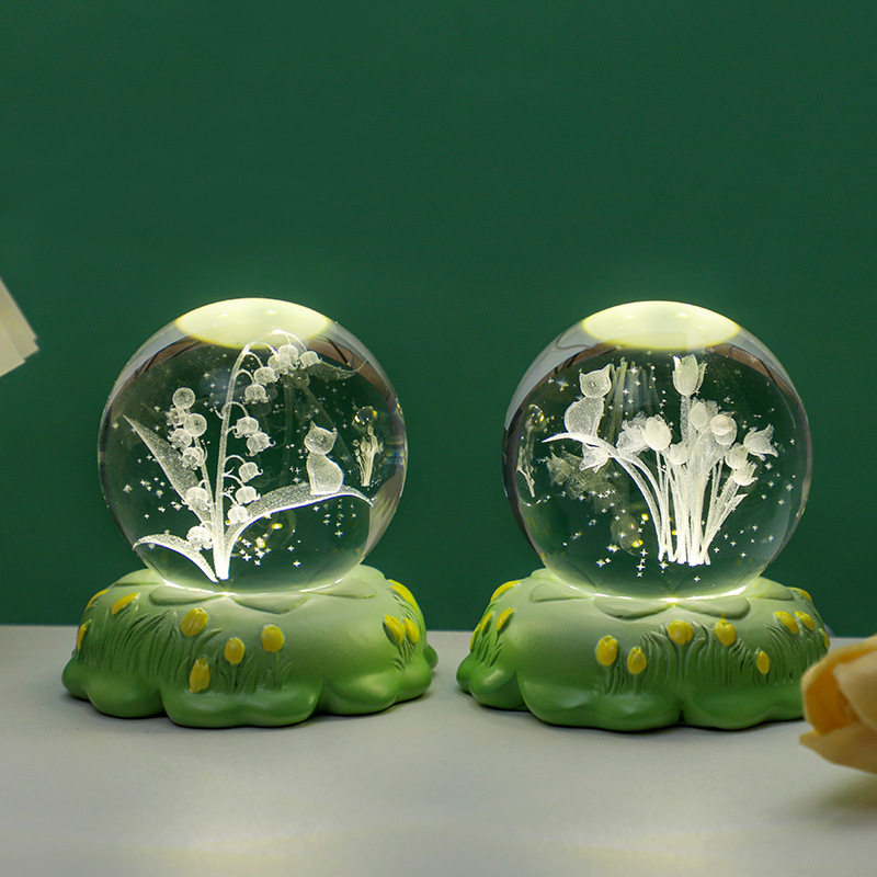 创意郁金香水晶球小夜灯卧室3d树脂