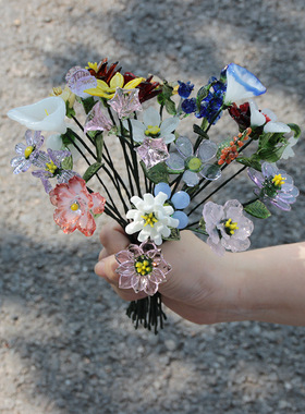淄博琉璃手工仿真花玻璃家居桌面装饰花瓶插花水晶永生花摆件礼物