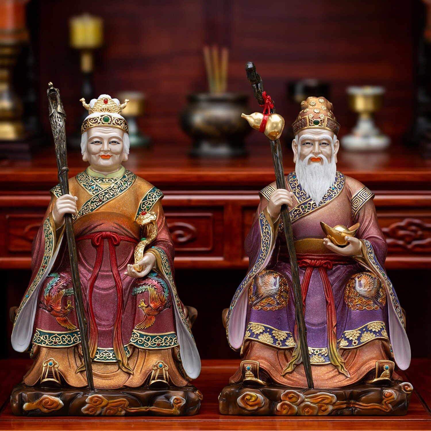 土地公土地婆神像台湾工艺黄铜鎏金彩绘土地爷土地奶福德正神铜像