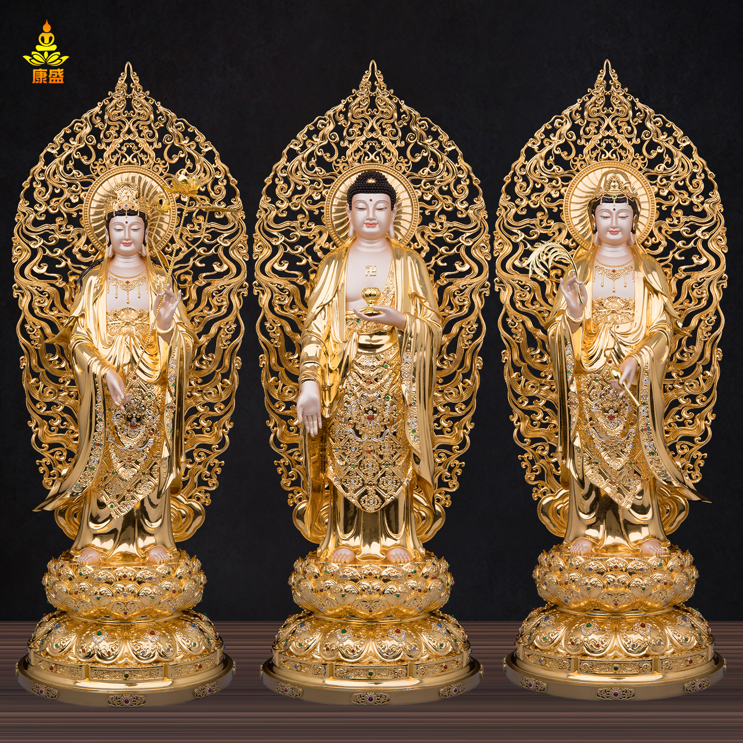 西方三圣铜像全铜贴金站宝莲观音阿弥陀佛大势至菩萨家用供奉摆件