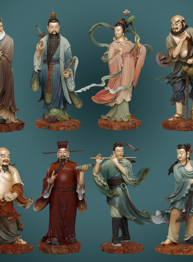 铜雕彩绘八仙过海吕洞宾何仙姑像