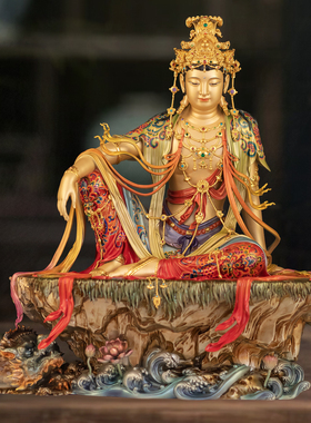 台湾珐琅彩纯黄铜水月观音像