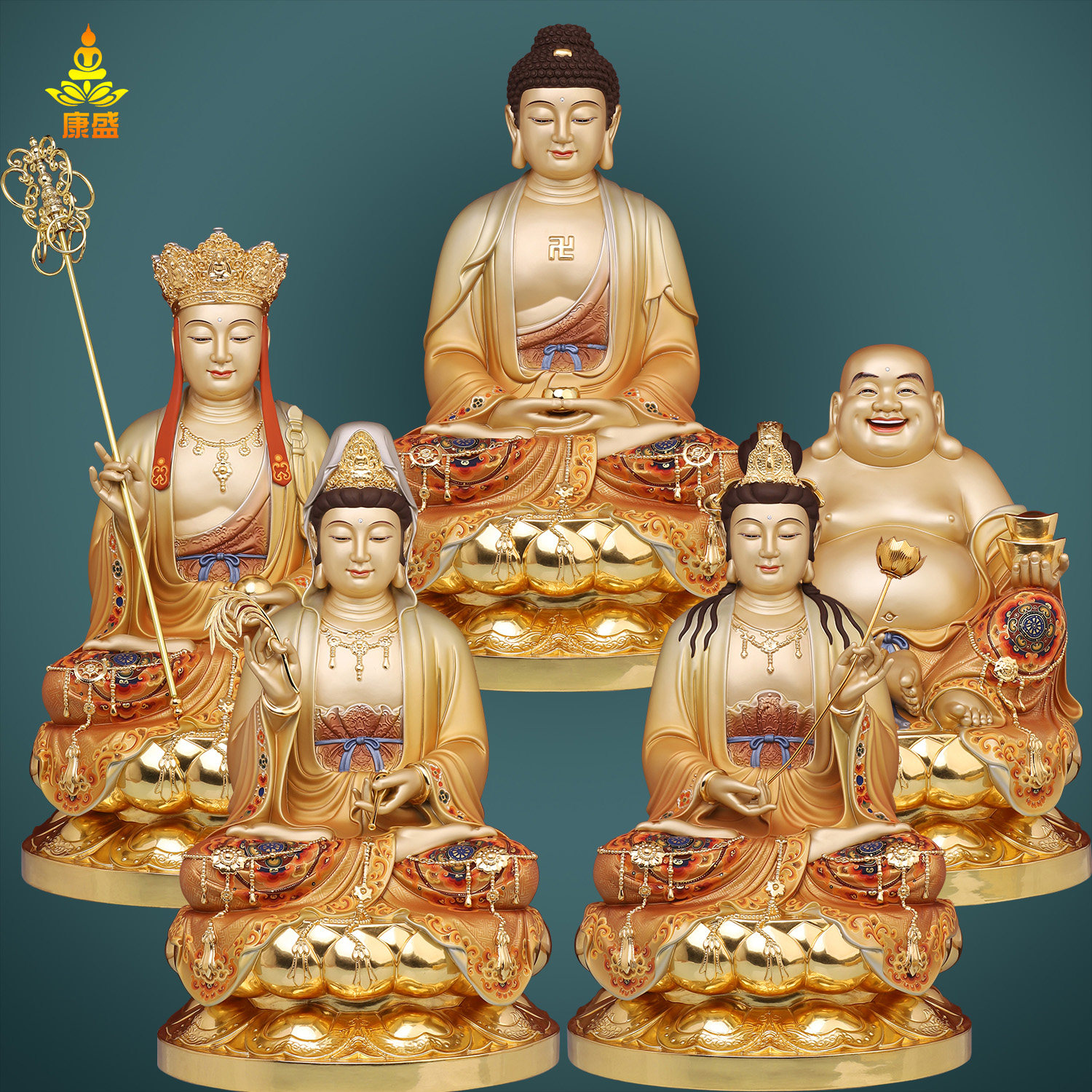 纯铜坐西方三圣佛像娑婆三圣释迦佛观音地藏王大势至菩萨弥勒佛像