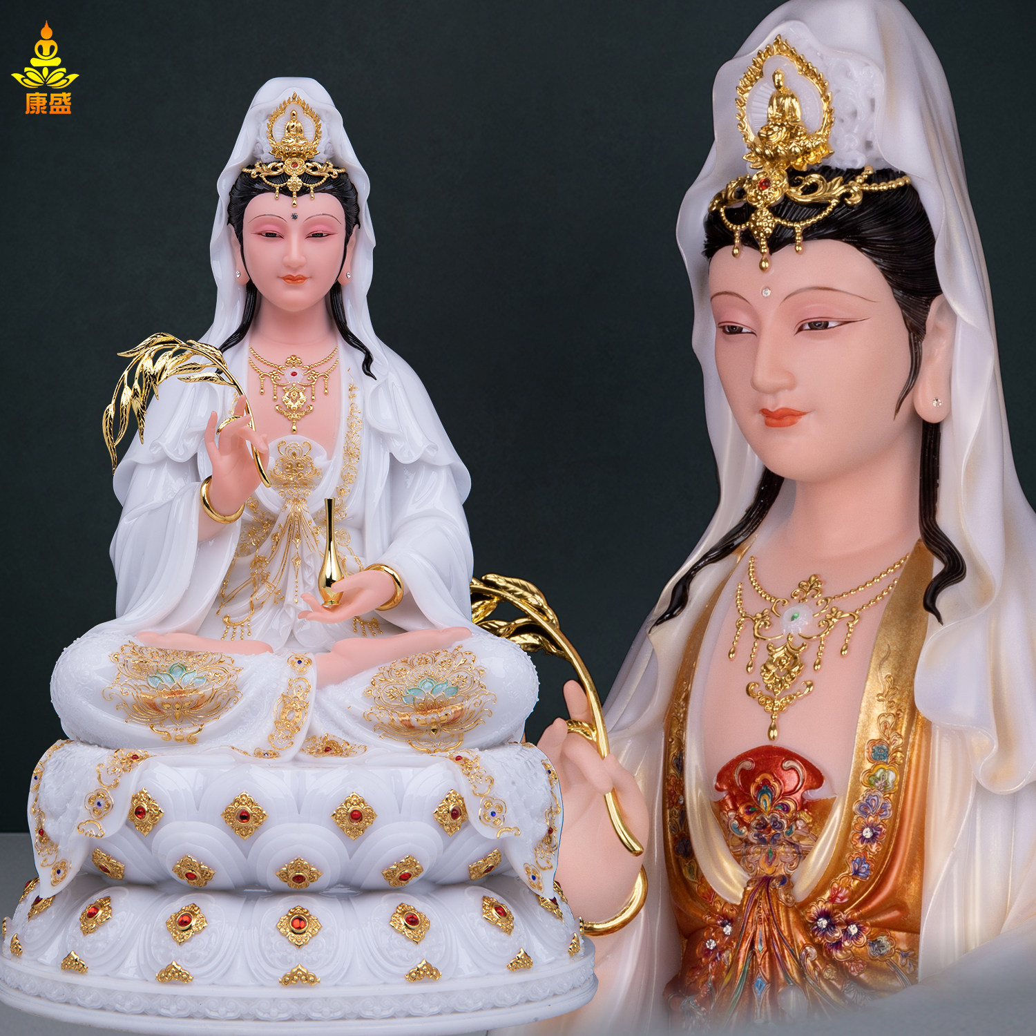 汉白玉彩绘白衣坐莲观音菩萨佛像