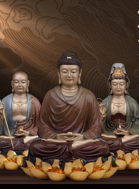 康盛纯铜供奉摆件娑婆三圣佛像