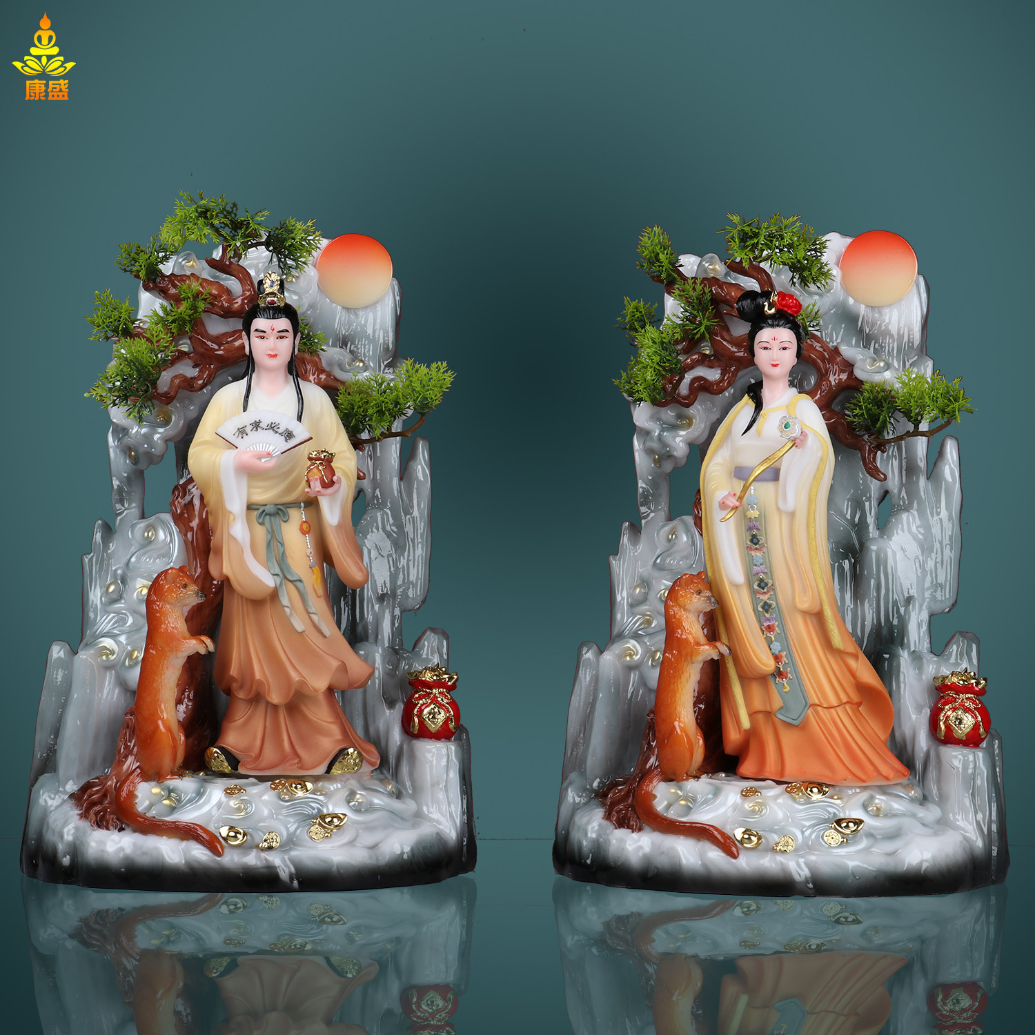 汉白玉彩绘黄家公子姑娘像