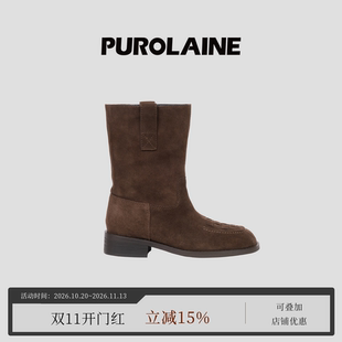 PUROLAINE 朴羚·原创设计 游弋 粗跟高跟游牧西部牛反绒袜靴短靴