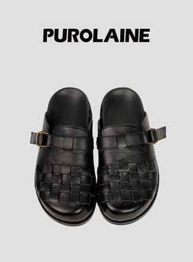 PUROLAINE朴羚·Document复古真皮一脚蹬编织松弛休闲勃肯拖鞋