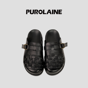PUROLAINE朴羚·Document复古真皮一脚蹬编织松弛休闲勃肯拖鞋