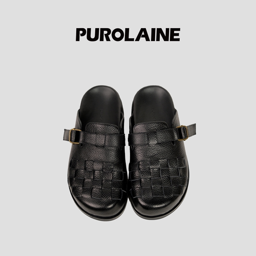 PUROLAINE朴羚·Document复古真皮一脚蹬编织松弛休闲勃肯拖鞋