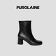 PUROLAINE·Rondo圆头气质利落极简黑色粗跟拉链高跟短靴