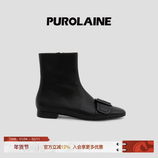 PUROLAINE朴羚「梅格」经典优雅知性柔软真皮手工扣带瘦腿短靴