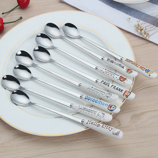 儿童创意咖啡勺子陶瓷柄个性 卡通可爱调羹不锈钢长柄搅拌勺小圆勺