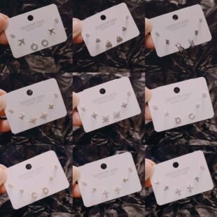 几何交叉多件套耳钉女时尚百搭气质闪锆石小众耳饰925银针耳环女