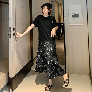 夏季 女装 时尚 超长款 大码 过膝T恤裙子宽松韩版 洋气拼接雪纺连衣裙