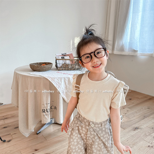 推荐B入女童韩版夏装木耳边短袖T恤夏季薄款小女生儿童花边打底衫