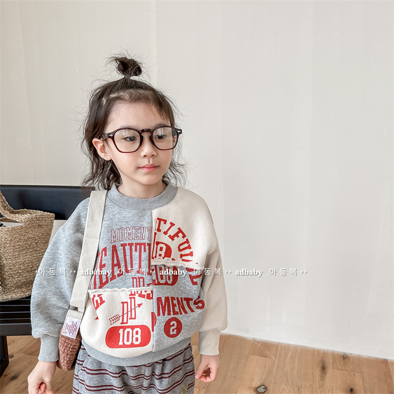 儿童韩版拼接款抓绒卫衣秋冬款