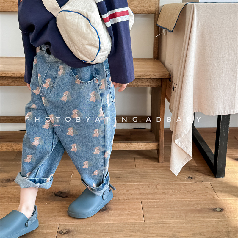 儿童卡通印花牛仔裤春秋款韩版男童女童哈伦裤子宝宝宽松百搭长裤