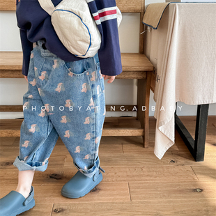 儿童卡通印花牛仔裤春秋款韩版男童女童哈伦裤子宝宝宽松百搭长裤