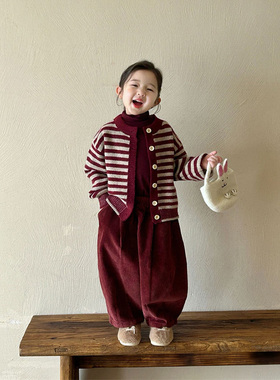 女童红色条纹针织毛线开衫秋冬款韩版中小儿童灯芯绒长裤宝宝童装