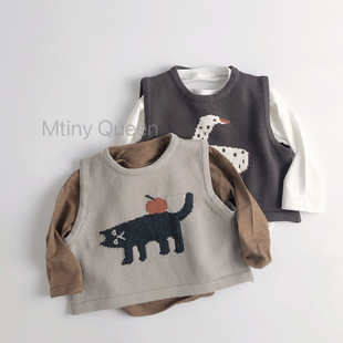 插画版～儿童全棉韩版森系动物马甲春秋男女童背心无袖提花针织衫