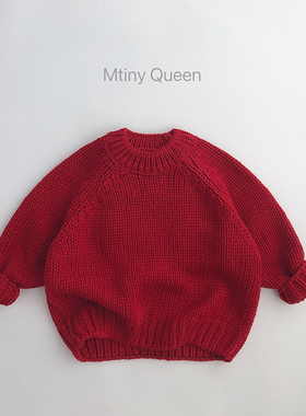 新年款~冬款儿童毛衣韩版男女童针织衫红色套头衫宝宝保暖打底衫