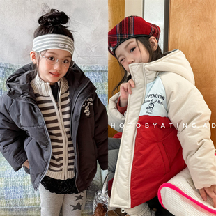儿童加绒连帽棉衣韩版 男女童字母印花立领冲锋衣宝宝保暖棉服 冬装
