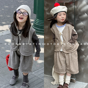 儿童韩版毛呢套装五分裤马甲两件套春秋款时尚女童宝宝洋气童装潮