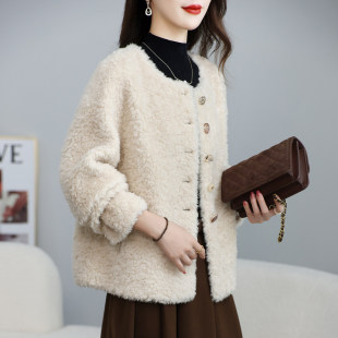 今年流行特惠颗粒羊剪绒大衣女短款 海宁羊羔毛皮毛一体 圆领冬新款