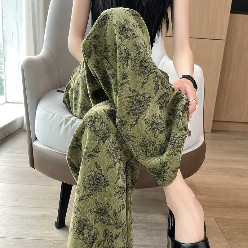 绿色印花窄版阔腿裤女春秋高腰垂感宽松显瘦休闲民族风直筒拖地裤
