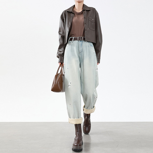 高腰显瘦小个子九分老爹裤 新款 子 女冬季 浅蓝色加绒刺绣哈伦牛仔裤