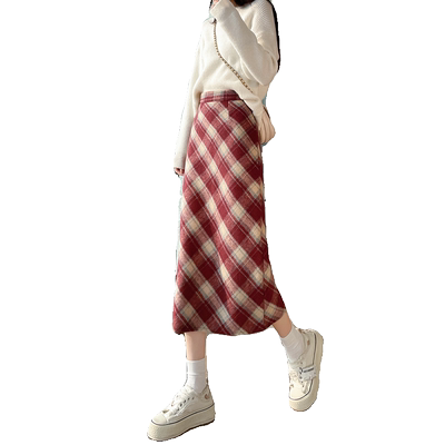 复古毛呢格子半身裙女