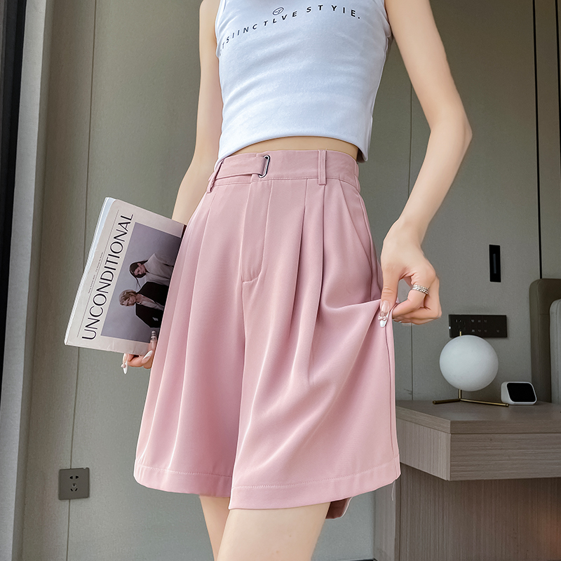 粉色冰丝西装短裤女高腰宽松