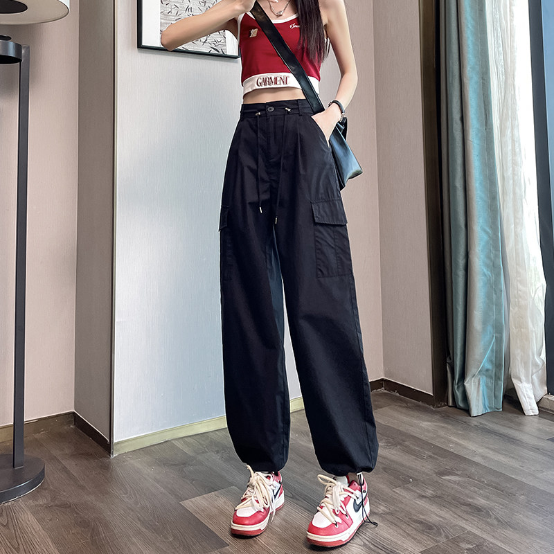 美式抽绳工装裤女春秋高腰显瘦宽松直筒阔腿束脚黑色小个子休闲裤,女装/女士精品,休闲裤,淘宝优惠券,粉丝福利购,淘宝优惠卷
