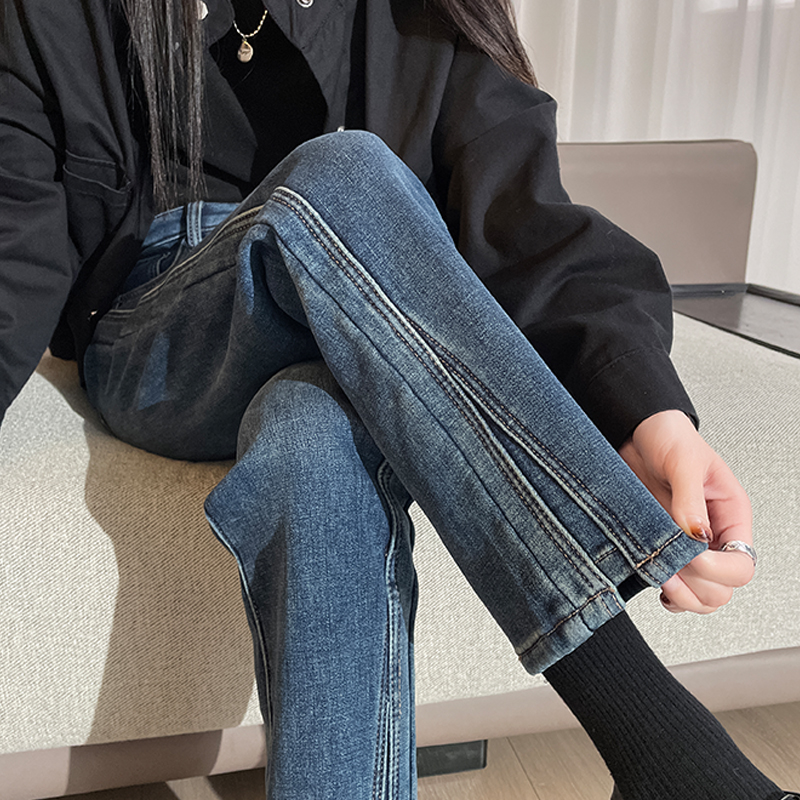 高腰宽松加绒直筒牛仔裤女