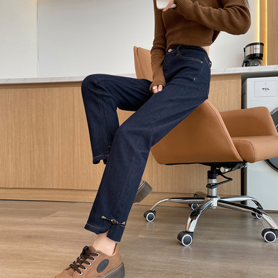 新中式国风盘扣九分直筒牛仔裤女