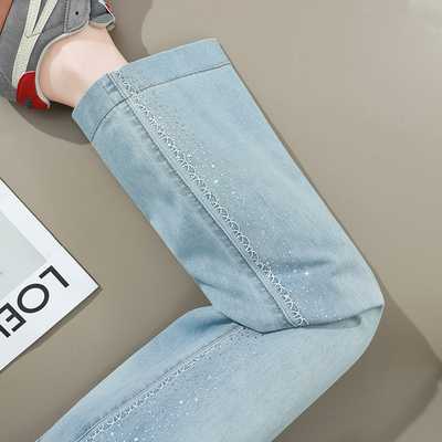 九分烫钻莱赛尔天丝牛仔裤女