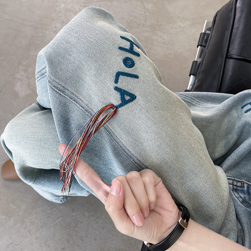 字母刺绣阔腿牛仔裤女