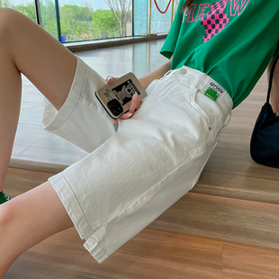 高腰顯瘦寬松直筒中褲 白色牛仔短褲 女夏季 薄款 潮ins 闊腿5五分褲