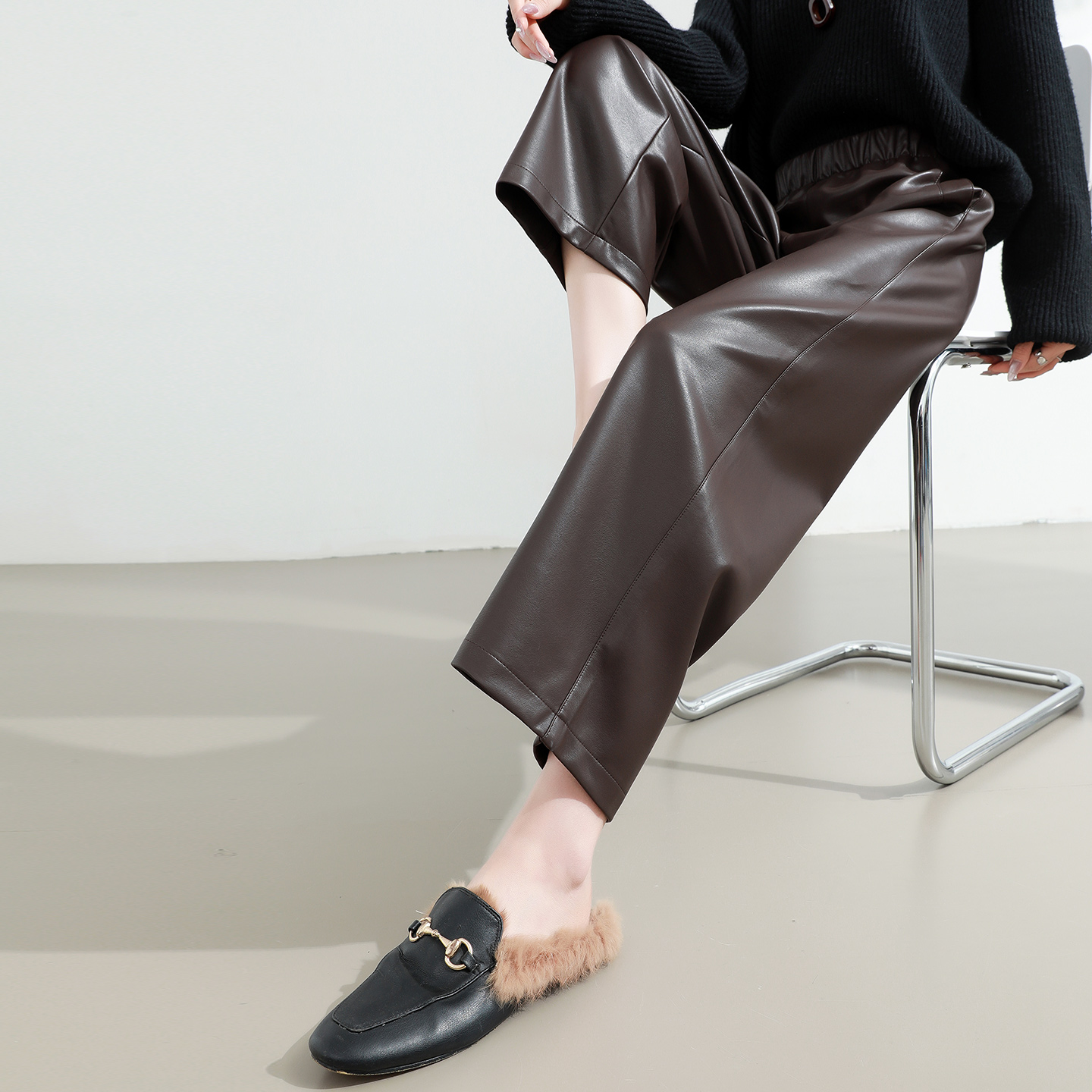 九分pu皮裤女秋冬新款高腰显瘦宽松小个子九分咖色休闲直筒阔腿裤