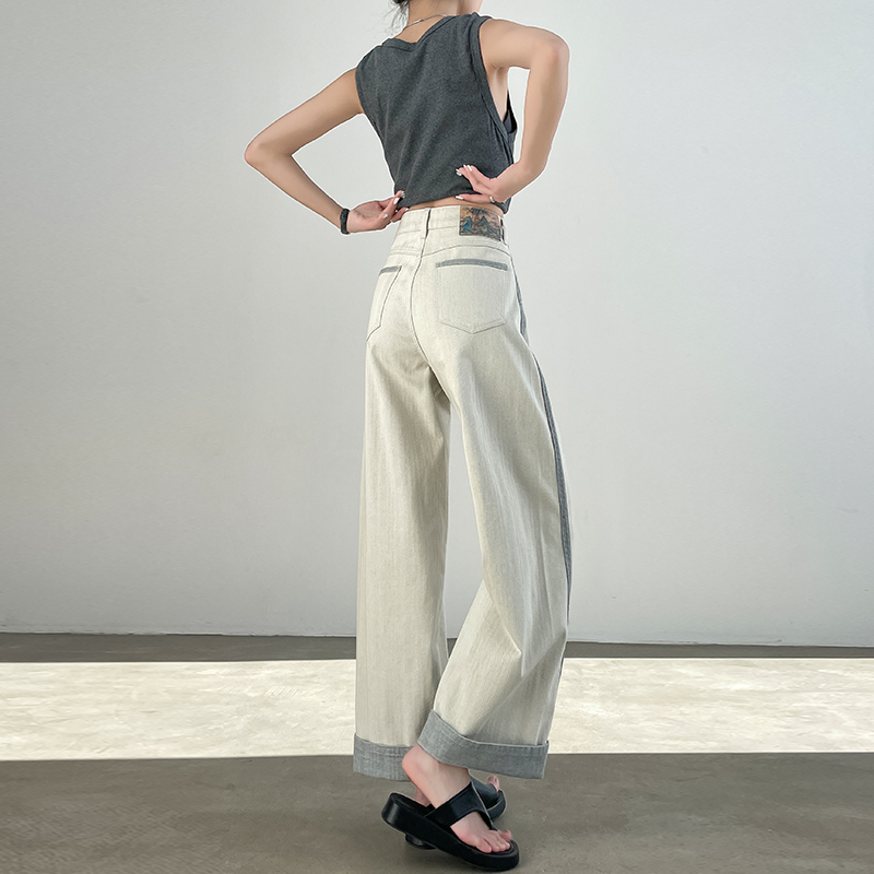 设计感拼接撞色牛仔裤女春秋