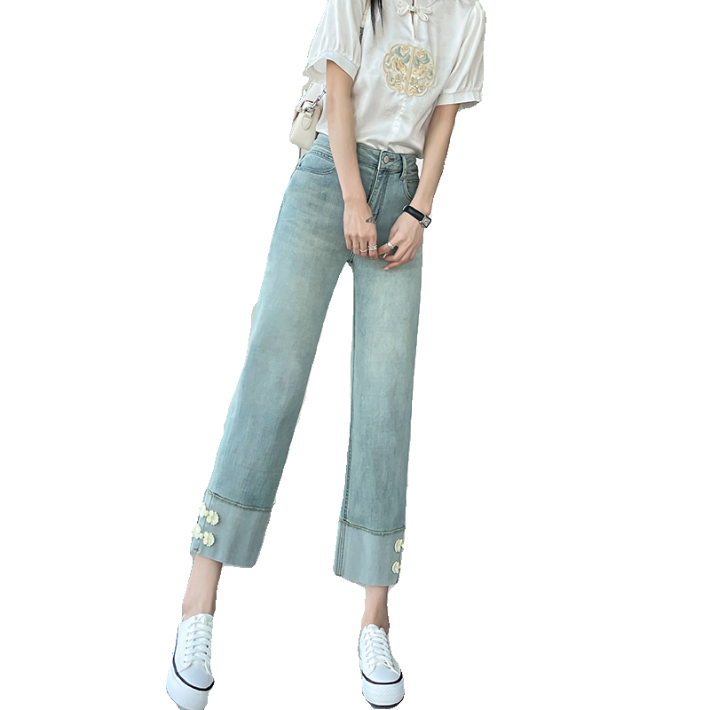 新中式国风盘扣直筒牛仔裤女2025夏季薄款高腰八九分小个子烟管裤