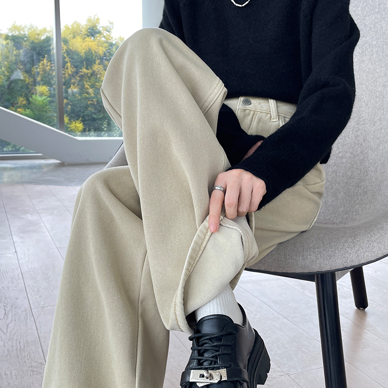 加绒加厚直筒牛仔裤女