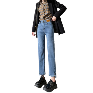 烟管裤女2025年新款春秋高腰复古八分小个子九分窄版直筒牛仔裤子