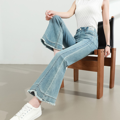 复古毛边四面弹微喇牛仔裤女