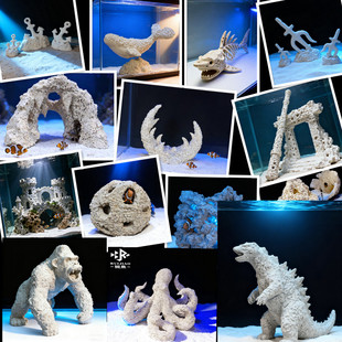 fot海缸造景纯海水鱼鲸鱼鲨龙宫哥斯拉金刚洞穴金箍棒三叉戟船锚