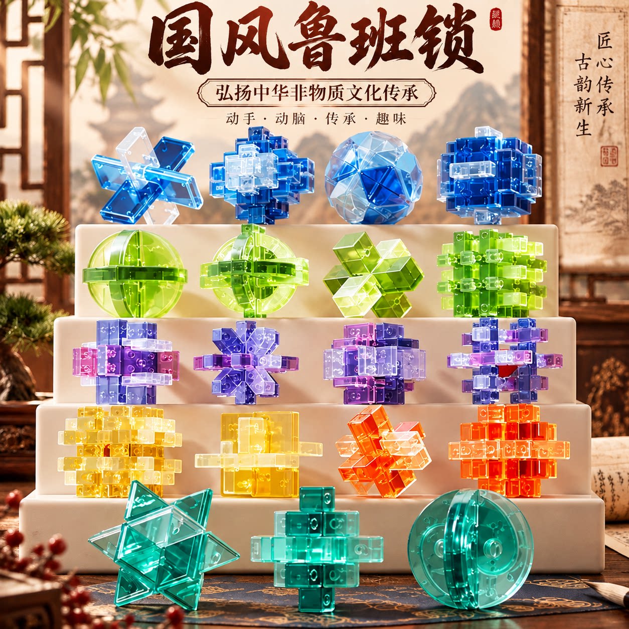 鲁班锁孔明锁全套解扣榫卯积木3-12岁儿童益智玩具男女孩生日礼物