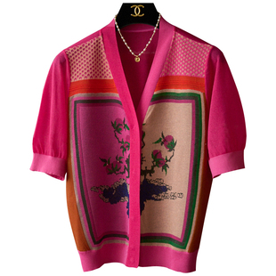 2023夏季新款单排扣复古V领天丝针织衫短袖宽松型空调开衫上衣女