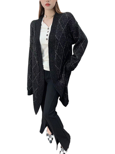 2025秋冬新款女士外套银线菱格图案羊毛针织开衫长袖无扣长款上衣